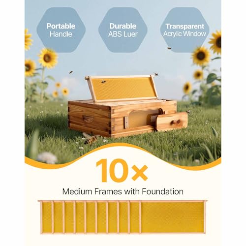 Happybuy Bee Hive Medium Box Starter Kit, 100% Beeswax Coated Natural Fir Wood, Langstroth Beehive Kit with 10 Frames and Foundations