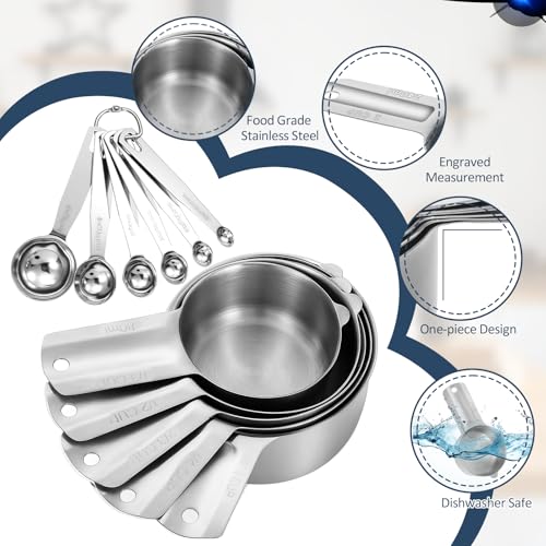 Measuring Cups and Spoons Set of 13, 7 Stainless Steel Nesting Cups and 6 Measuring Spoons, 2 Detachable Rings, Kitchen Gadgets for Baking Cooking, Dry and Liquid Ingredients