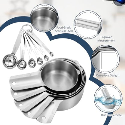 Measuring Cups and Spoons Set of 13, 7 Stainless Steel Nesting Cups and 6 Measuring Spoons, 2 Detachable Rings, Kitchen Gadgets for Baking Cooking, Dry and Liquid Ingredients