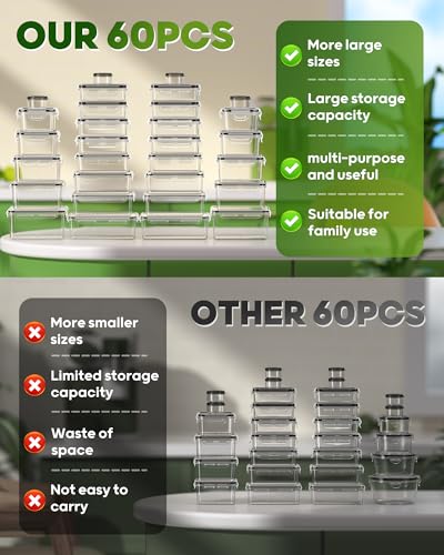 KEMETHY 60 PCS Food Storage Containers with Lids, BPA-Free Plastic Food Containers for Kitchen Storage, Leak Proof, Reusable Meal Prep Containers with Labels & Pen - color: 60 PCS