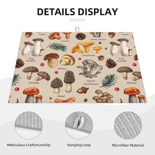 Mushroom Dish Drying Mats For Kitchen Counter XL Microfiber Kitchen Drying Mat Large Draining Pad Absorbent Quick Drying Dish Mat for Countertop Coffee Mats 18x24 Inch - color: Mushrooms
