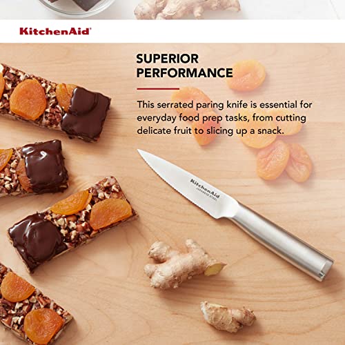 KitchenAid Gourmet Forged Stainless Steel Fine-Edge Paring Knife with Custom-Fit Blade Cover, 3.5-inch, Sharp Kitchen Knife, Japanese Stainless Steel Blade, Black - style: 3.5-Inch Serrated Paring Knife