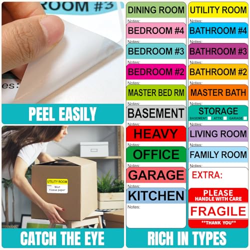 Kingtac 600 Writable Home Moving Stichers - 2' x 3', 20 Color-Coded Home Moving Packing Labels with Fragile, Extra, Heavy Options.Stick to Cardboard Boxes and Plastic Bins, No Extra Tape Needed - color: Mov-0305-40-600pcs