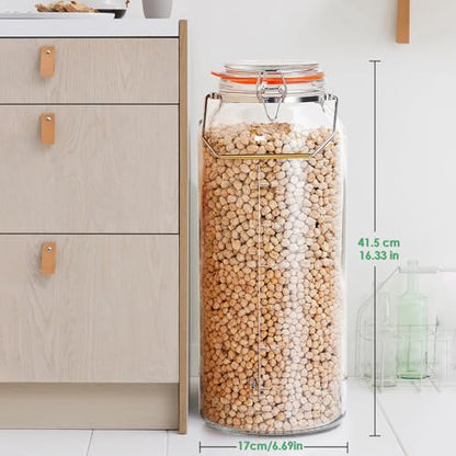 Qianfenie 2 Gallon Glass Jar with Airtight Lid(7600ML), Gallon Airtight Glass Storage Jar with Stainless Steel Handle - Large Glass Food Storage Container with Lid Flour, Sugar, and Dog Treats