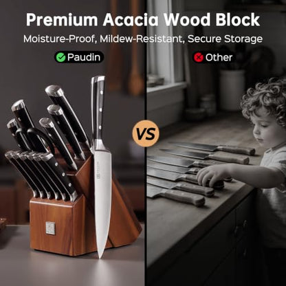 PAUDIN Knife Block Set, 15 Pieces Knife Set with Block, High Carbon Stainless Steel Kitchen Knife Set with Sharpener, Knives Set for Kitchen with Full Tang Triple Rivet Handle