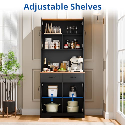 Cozy Castle Pantry Cabinet, Farmhouse Kitchen Hutch Cabinet with Storage Drawers Freestanding Coffee Bar Liquor Sideboard Large Countertop Cupboard for Dining Room, Living Room, 71'' Tall Black