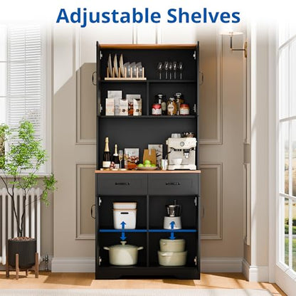 Cozy Castle Pantry Cabinet, Farmhouse Kitchen Hutch Cabinet with Storage Drawers Freestanding Coffee Bar Liquor Sideboard Large Countertop Cupboard for Dining Room, Living Room, 71'' Tall Black