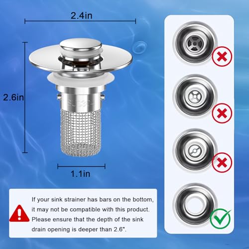 Bathroom Sink Drain Strainer,(2PCS) Pop-up Sink Drain Strainer with Removable Stainless Steel Strainer Basket Hair Catcher, Bathroom Sink Strainer for Bathroom Sink Stopper Replacement - color: Sliver-2