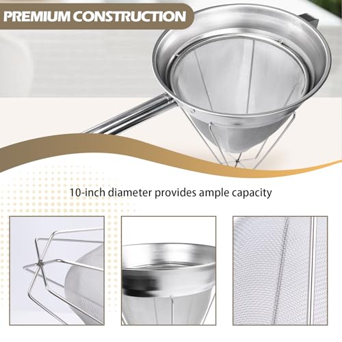 10 Inch Chinois Strainer,18/8 Stainless Steel Conical Fine Mesh Bouillon Sieve, Heavy Duty China Cap Strainers with Stand for Sauces Soups Broth Purees Jam