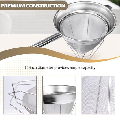 10 Inch Chinois Strainer,18/8 Stainless Steel Conical Fine Mesh Bouillon Sieve, Heavy Duty China Cap Strainers with Stand for Sauces Soups Broth Purees Jam
