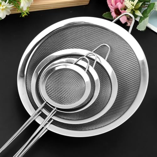 Fine Mesh Strainer Set 4 Pack Stainless Steel Kitchen Sieves | Four sizes for tea, coffee, flour, sugar, rice, and quinoa, includes 3 round sieves and 1 conical strainer
