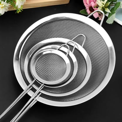 Fine Mesh Strainer Set 4 Pack Stainless Steel Kitchen Sieves | Four sizes for tea, coffee, flour, sugar, rice, and quinoa, includes 3 round sieves and 1 conical strainer