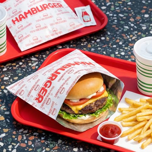 ZENFUN 200 Pack Hamburger Wrappers, Foil Hamburger Sleeves, Grease Resistant Hamburger Bags Bulk, BPA Free Cheeseburgers Wrappers for Snack Bars, Food Truck, Take Out, Concession Stand, Christmas