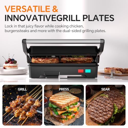 Panini Press Grill, 1000W Sandwich Maker with Non-Stick Coated Plates, Opens 180 Degrees for Any Size of Food, 3-in-1 Sandwich Press Electric Grill, Stainless Steel Surface and Removable Drip Tray