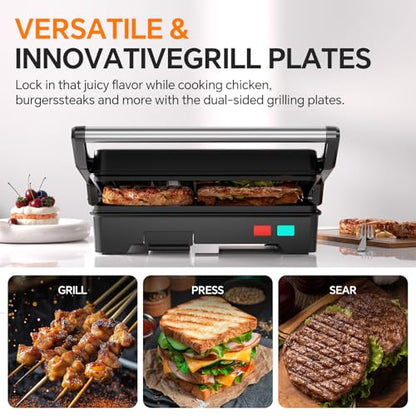 Panini Press Grill, 1000W Sandwich Maker with Non-Stick Coated Plates, Opens 180 Degrees for Any Size of Food, 3-in-1 Sandwich Press Electric Grill, Stainless Steel Surface and Removable Drip Tray