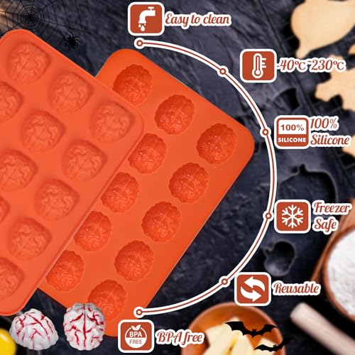 Webake Brain Chocolate Mold, Bite Size Halloween Brain Silicone Molds 15-Cavity for Halloween Chocolate, Candy, Jello, Cupcake, Treats, Pack of 2 - style: Brain