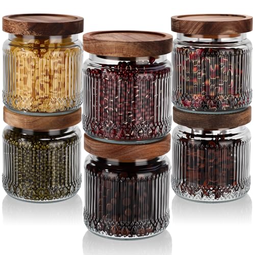 6 Pcs 500ml/17 oz Vintage Glass Storage Jar Glass Containers with Wood Lid Ribbed Pattern Airtight Kitchen Spice Containers for Pantry, Coffee Bean, Grains, Tea, Sugar, Flour, Candy, Oats - size: 500ml