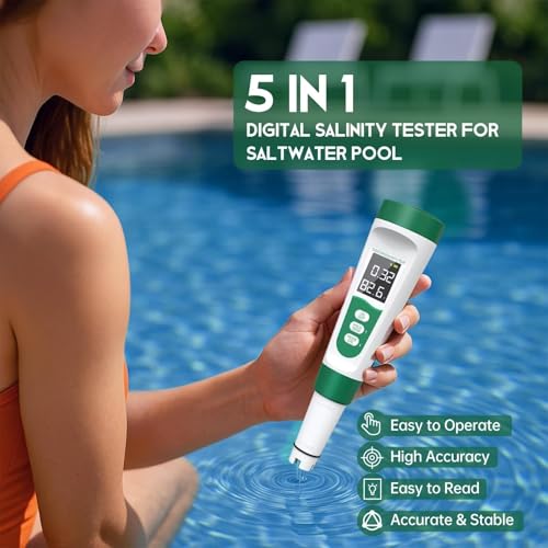 Salt Tester for Saltwater Pool & pH Meter, Digital Water Tester for Salinity,Temp,EC,TDS Meter for Pool Salt Tester,Hot Tubs & Spas,Hydroponics,Aquarium,Accurate & Reliable,5 in 1 Tester,Green