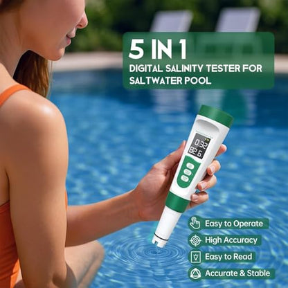 Salt Tester for Saltwater Pool & pH Meter, Digital Water Tester for Salinity,Temp,EC,TDS Meter for Pool Salt Tester,Hot Tubs & Spas,Hydroponics,Aquarium,Accurate & Reliable,5 in 1 Tester,Green