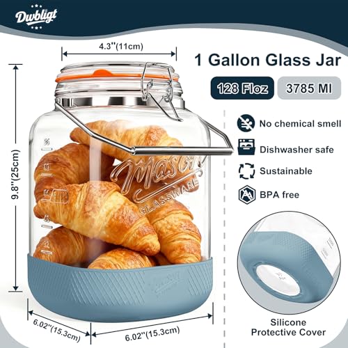 2 Pack Square 1 Gallon Glass Jar with Airtight Lid, Large Mason Jars Wide Mouth 128 Oz with Scale Marks & Handle, Glass Storage Containers with Anti-slip Base for Flour, Oat, Wheat, Cookie Jar