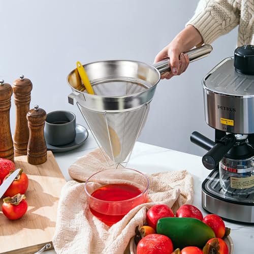 SiliFine Stainless Steel Reinforced Bouillon Sieve Strainer Cone Fine Mesh Strainer with Handle and Rubber Pestle for Kitchen Food Cooking(8 Inch) - size: 8 Inch