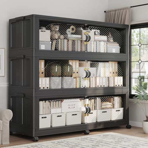 960QT Extra Large Stackable Storage Bins with Lid & Wheels & Doors, 240Gal Foldable Collapsible Closet Organizers, Plastic Cabinet Box Container Drawer for Home Kitchen Bedroom, 3Pack Black - color: Black, size: 320QT-3Pack