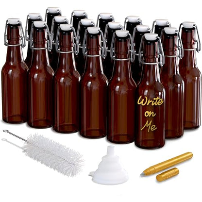 Nevlers 8.5 Oz Amber Swing Top Glass Bottles with Airtight Lid 18 Pack | Beer Bottle with Stopper , Funnel, Brush & Marker | Reusable Flip Top Glass Bottle Set | Homemade Vanilla Extract Bottles - size: 18 Pack, style: 8.5 Ounce