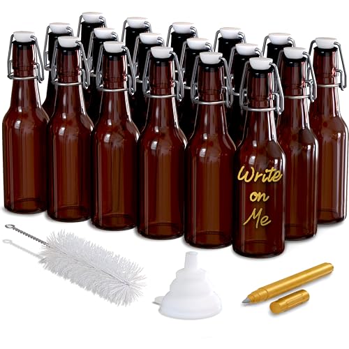 Nevlers 8.5 Oz Amber Swing Top Glass Bottles with Airtight Lid 18 Pack | Beer Bottle with Stopper , Funnel, Brush & Marker | Reusable Flip Top Glass Bottle Set | Homemade Vanilla Extract Bottles - size: 18 Pack, style: 8.5 Ounce