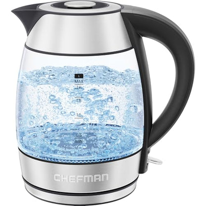 Chefman Electric Kettle 1500W, 1.8L Hot Water Boiler, Removable Lid for Easy Cleaning, LED Indicators, Auto Shutoff & Boil-Dry Protection, Borosilicate Glass Electric Tea Kettle – Stainless Steel - color: Stainless Steel