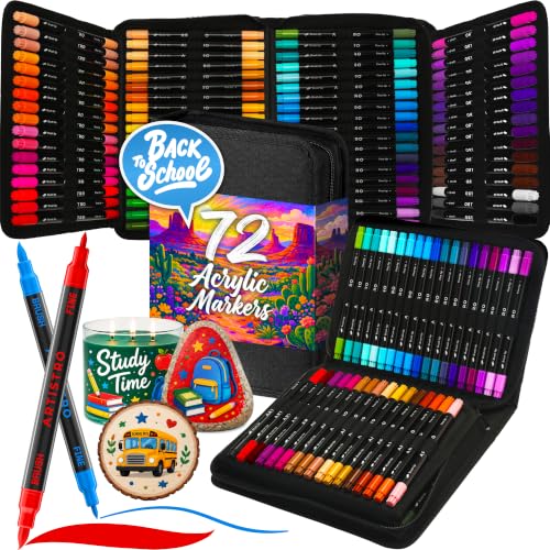 ARTISTRO Acrylic Paint Pens With Storage Bag for Calligraphy - Markers With Brush and Fine Precision Tips - Multisurface Painting for Fabric, Rock, Glass, and More (72 Markers, Dual Tip Brush + Fine) - size: 72