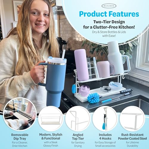 Water Bottle Drying Rack for Kitchen Counter – Cup Drying Rack, Tumbler, Mug & Glass Drying Rack Drying Rack, 2 Tier with Drain Tray and Cleaning Brush Set (White) - color: White