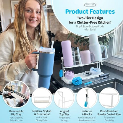 Water Bottle Drying Rack for Kitchen Counter – Cup Drying Rack, Tumbler, Mug & Glass Drying Rack Drying Rack, 2 Tier with Drain Tray and Cleaning Brush Set (White) - color: White