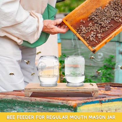 Rtteri 1 Pcs Bee Feeders for Hives with 2 Lids Wooden Honey Mason Jar Beehive Entrance Feeder for Beekeeping Bee Drinking Tools with Lids Drilled Feeding Sugar Syrup or Water (Jars Not Provided) - color: 2 Lids