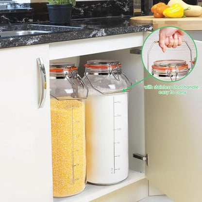 Qianfenie 2 Gallon Glass Jar with Airtight Lid(7600ML), Gallon Airtight Glass Storage Jar with Stainless Steel Handle - Large Glass Food Storage Container with Lid Flour, Sugar, and Dog Treats
