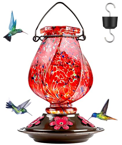 BOLITE Hummingbird Feeder, Hand Blown Glass Hummingbird Feeders for Outdoors Hanging with Ant Moat, 5 Bee-Proof Ports, Leak-Proof, 360° Perch, 22oz, Red, Gifts for Women Men, Gifts for Mom Dad - color: Red