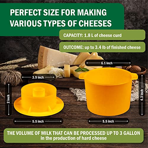 Cheese Mold for Cheese Making Cheese with Follower 1/2 gal Yello and Cotton Cheesecloth - Cheesemaking Supplies - Cheese Form Mold - Cheese Making Basket - Molde Para Queso Casero - Cheese Press