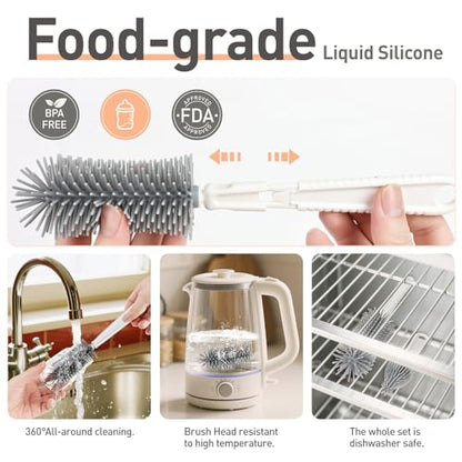 Baby Bottle Brush Set, 6-in-1 Travel Bottle Cleaner Kit with Silicone Bottle Brush, Nipple & Straw Brush, Soap Dispenser, Drying Rack, Storage Box – Compact Baby Travel Essential for Home & On-The-Go - color: White