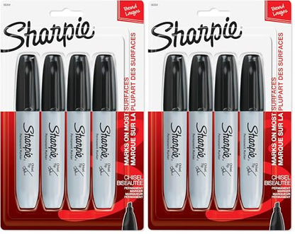 SHARPIE Permanent Markers, Large, Chisel Tip, Black,Marks on Paper, Plastic, Metal, and More, 4 Count (Pack of 2) - size: 4 Count (Pack of 2)