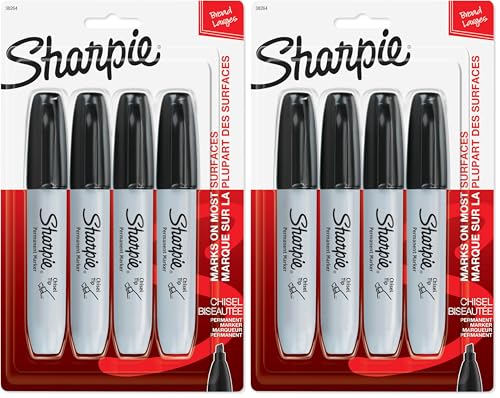 SHARPIE Permanent Markers, Large, Chisel Tip, Black,Marks on Paper, Plastic, Metal, and More, 4 Count (Pack of 2) - size: 4 Count (Pack of 2)