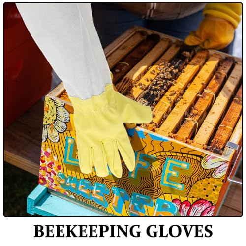 1 Pair Ventilated Beekeeping Gloves with Extended Canvas Sleeves, Thick Pu Protective Gloves for Insect and High Flexibility, for Beekeepers in Outdoor Work Scenarios