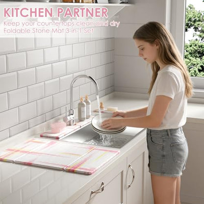 3 PCS Large Stone Dish Drying Mat for Kitchen Counter -24"x16" Absorbent Diatomaceous Earth Mat with Stone Faucet Mat & Soap Tray - Quick Dry, Collapsible, Non-Slip Countertop Organizer - color: pink gold texture