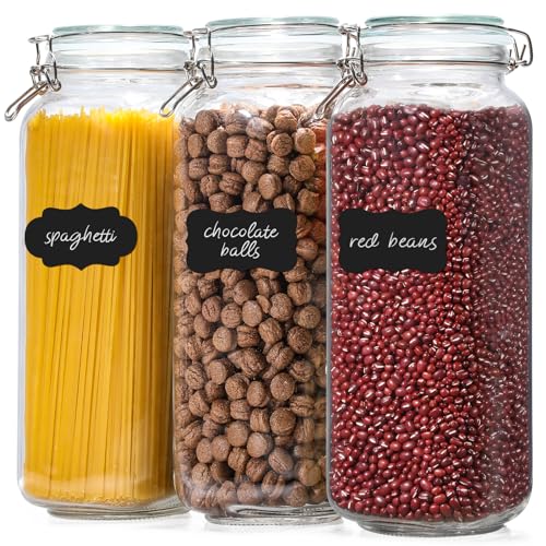 VITEVER [ Taller ] 92oz Glass Jars with Airtight Lid, Large Glass Food Storage Jars, 3 Pack Wide Mouth Airtight Glass Jars for Kitchen Pantry Spaghetti, Square Mason Jars with Labels
