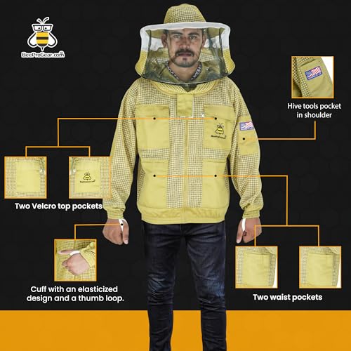 3-Layer Ventilated Mesh Bee Jacket for Men & Women with Veils Sting-Proof Beekeeping Jacket with Leather Gloves & Bag - color: Brown Round Veil, size: Small
