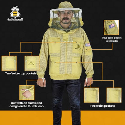 3-Layer Ventilated Mesh Bee Jacket for Men & Women with Veils Sting-Proof Beekeeping Jacket with Leather Gloves & Bag - color: Brown Round Veil, size: 4X-Large