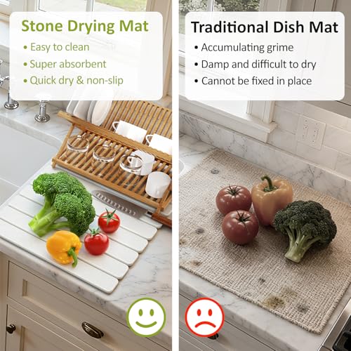 Large Stone Dish Drying Mat for Kitchen Counter, 24"(L)×16"(W), Collapsible Quick Dry Stone Dish Mats, Super Absorbent Diatomaceous Earth Drying Pad for Dishes Bottles Cups, Any Countertop (White) - color: White