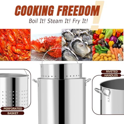 80QT Seafood Boil Pot with Detachable Paddle, Stainless Steel Stock Pot | Crawfish Boil Pot with 60QT Basket, Lid & Lifting Hook, Perfect for Outdoor Crab, Lobster & Shrimp Boils - style: 80QT+Mixing Paddle