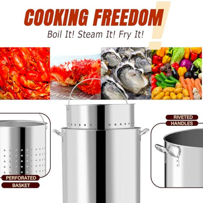 80QT Seafood Boil Pot with Detachable Paddle, Stainless Steel Stock Pot | Crawfish Boil Pot with 60QT Basket, Lid & Lifting Hook, Perfect for Outdoor Crab, Lobster & Shrimp Boils - style: 80QT+Mixing Paddle