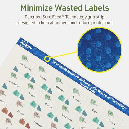Avery Dissolvable Square Labels, Sure Feed Technology, 1" x 1", Matte White, Print-to-The-Edge, Laser/Inkjet Printable, 240 Labels Total - style: 240 labels