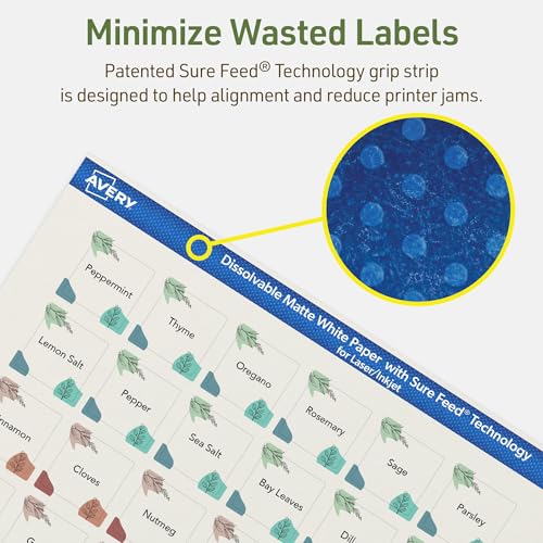 Avery Dissolvable Square Labels, Sure Feed Technology, 1" x 1", Matte White, Print-to-The-Edge, Laser/Inkjet Printable, 1200 Labels Total - style: 1,200 labels