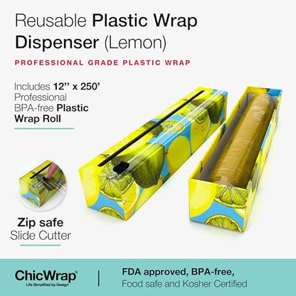 Chicwrap Lemon Refillable Plastic Wrap Dispenser - Includes One 12" x 250' Roll of Professional Grade Plastic Wrap - BPA Free and Kosher Certified - Reusable Dispenser w/Slide Cutter - style: Lemons